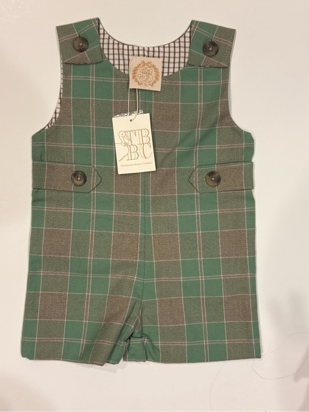 NWT Beaufort Bonnet Company Boys Green Plaid Jon Jon Romper 6–12M